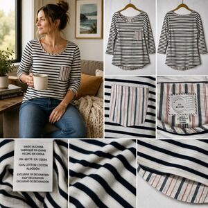Postmark Anthropologie Striped Mixed Media Button Back Top Navy Red Medium Boho